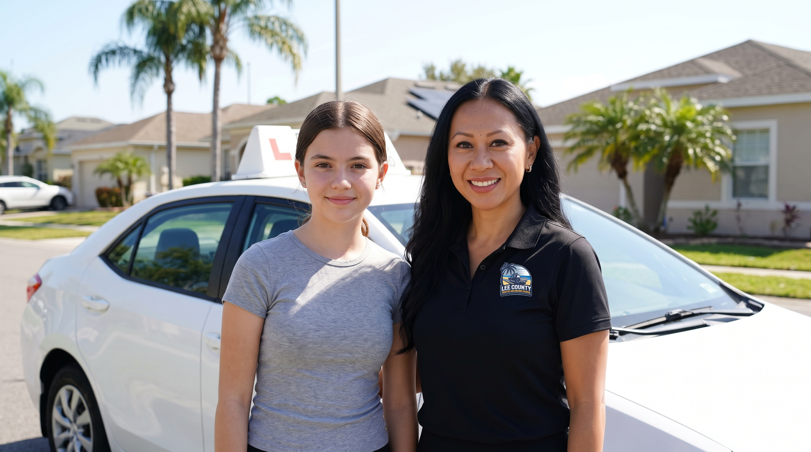 Driving instructor with a student beside the training car in Cape Coral